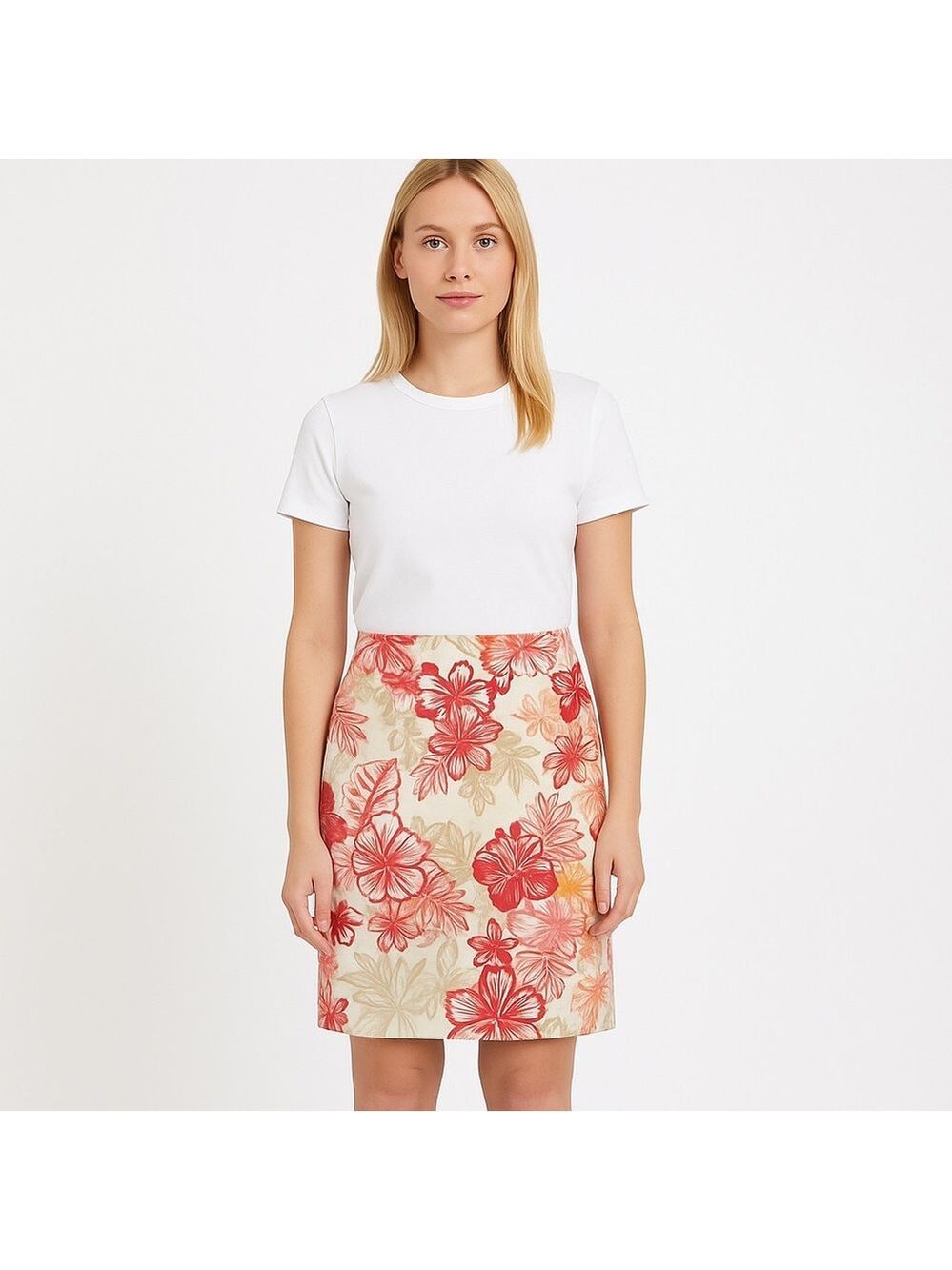 Versona Accessoires pencil skirt linen blend floral ecru flattering waist small